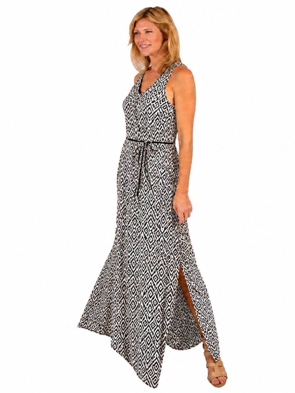 DKR Apparel V-Neck Racerback Maxi Dress-Black/White Aztec Print